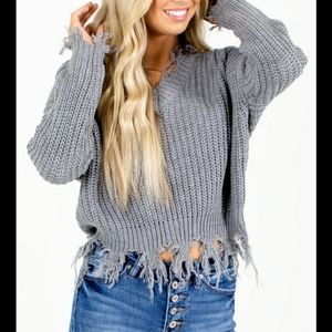 Love Tree (Size M) Gray V-Neck Distressed Raw Hem Stretch Knit Sweater (NEW-NWT)